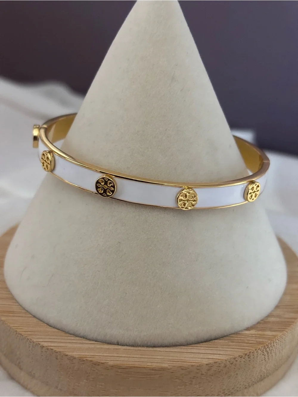Tory Burch White Enamel and Gold Logo Bangle